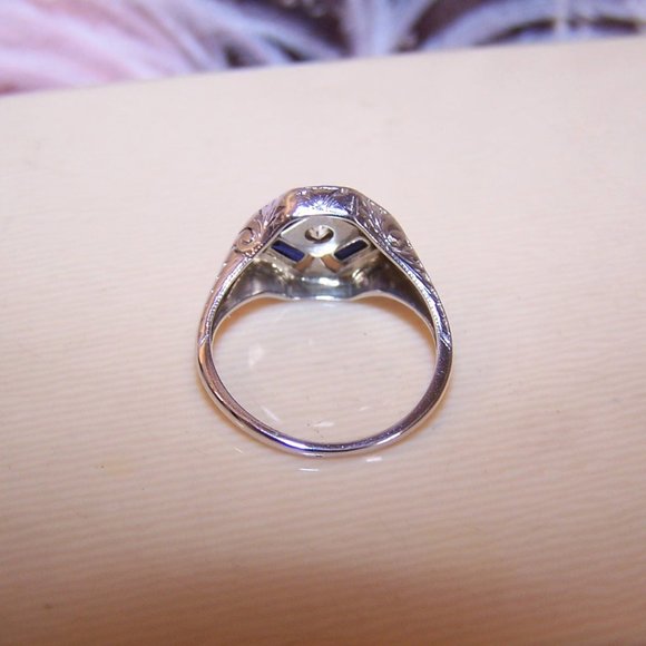 Art Deco 14K Gold Diamond Blue Sapphire Cocktail Ring - Size 4.25 - Picture 8 of 10